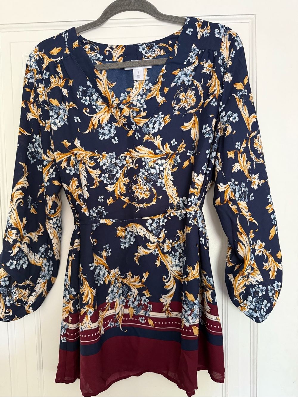 Motherhood Maternity Navy Floral Long Sleeve Blouse with Burgundy Border